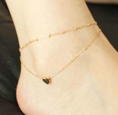 Heart Pendant Two Chains Golden Anklet