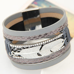 Feather Leaves Wide Magnetic Leather Bracelet