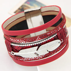 Feather Leaves Wide Magnetic Leather Bracelet